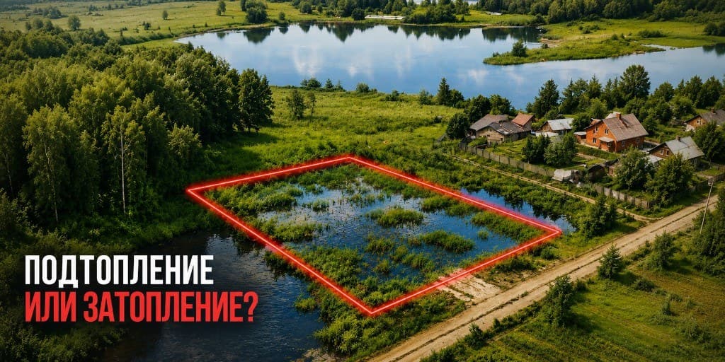 Подтопление или затопление: земельный участок с красной границей у воды